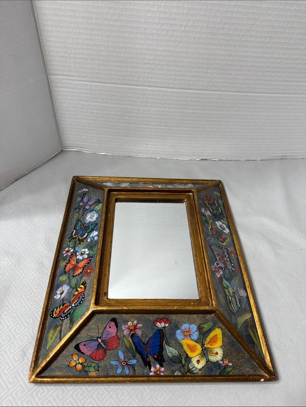 Vtg Peruvian Reverse Painted Mirror Vibrant Color Intricate Floral & Butterflies